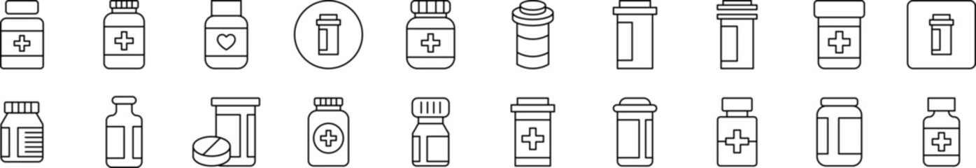 Bottle of Meds Related Line Icons for Web Sites, Books, Cards, Apps. Editable Stroke. Suitable for Web Sites, Books, Cards, Apps