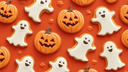 Fototapeta premium Halloween-themed cookies shaped like pumpkins and ghosts forming a repeating pattern on an orange background. Realistic, highly detailed