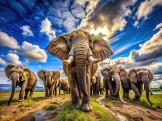 Fototapeta premium Majestic Elephants Displaying Their Unique Teeth in Natural Habitat Under Bright Sunny Sky