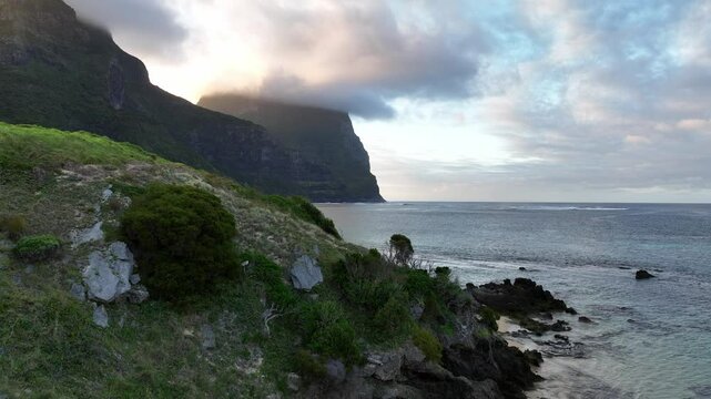 Aerial footage of Lord Howe island at South end towards Mount Gower