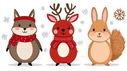 Fototapeta premium Three adorable winter animals enjoying a snowy day, featuring a deer, rabbit, and squirrel dressed for the chill in a whimsical landscape