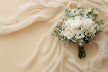Elegant white wedding bouquet on a soft beige background with copy space. Wedding concept. 