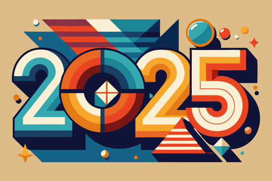 Vibrant geometric 2025 design with retro color palette and dynamic elements