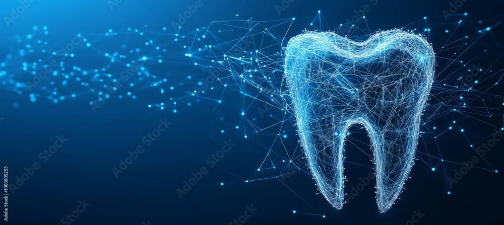 Poster abstract digital tooth design on a blue technology background with lines and connected dots