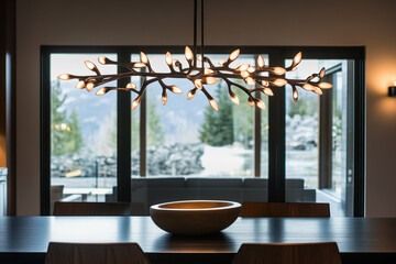 Modern dining room with a lightning shape chandelier hanging over the table