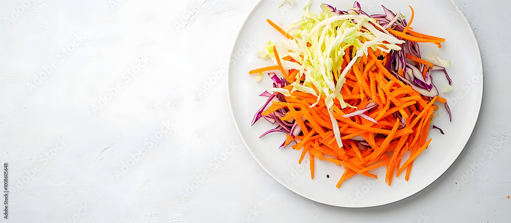 Poster top view of freshly sliced cabbage and carrot on a white plate isolated on a white background with r