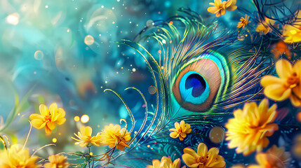 Fototapeta premium Watercolor style illustration for vishu with peacock feather and yellow flowers