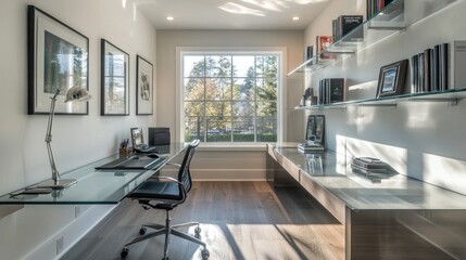 An open-plan home office with a sleek, glass desk and floating shelves, bathed in natural light