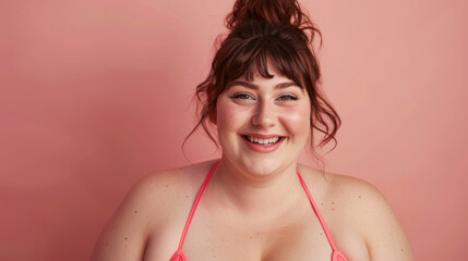 portrait of a Caucasian plump smiling beautiful young woman in a light summer dress, pink background studio shooting