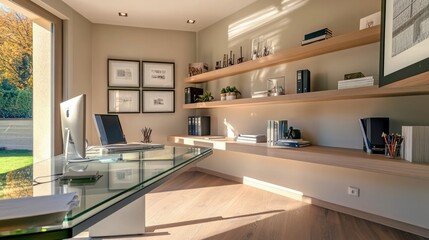 An open-plan home office with a sleek, glass desk and floating shelves, bathed in natural light