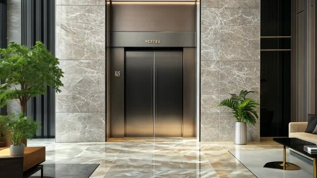 A modern elevator with a Hotel sign in a luxurious lobby