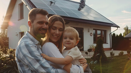 Caucasian young family with a small child smiling standing near a house with solar generators on the roof. energy saving technologies