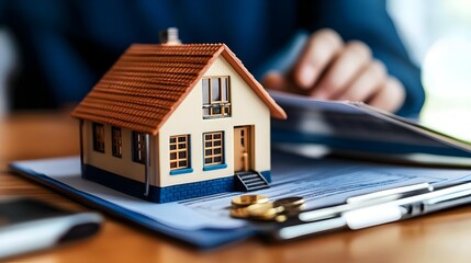 Car and House model with agent. Contract to buy, get insurance or loan real estate or property.businessman doing finances and calculate about cost to real estate investment. Concept mortgage loan app