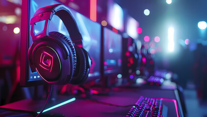 Close-up of gaming headsets at a vibrant esports competition