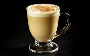 Obraz premium Indulgent spiced eggnog in a glass mug with nutmeg garnish against a sleek black background for a cozy winter vibe