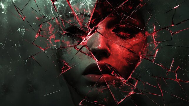 A haunting portrait reflecting brokenness and emotions, with vibrant colors piercing through shattered glass.