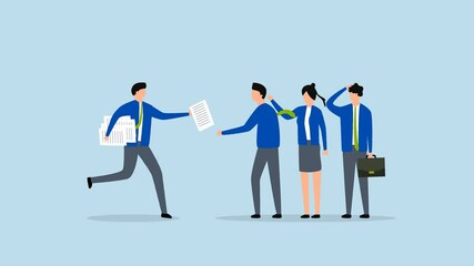 Work delegation, 4k animation of Businessman delegates project assignment to team as a manager.