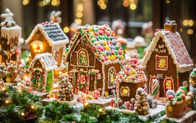 Fototapeta premium A festive display of intricately decorated gingerbread houses surrounded by twinkling lights and holiday greenery