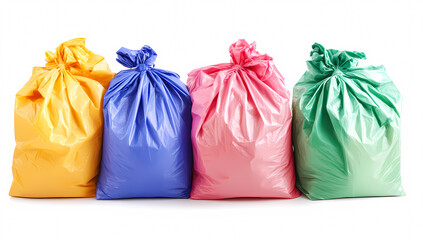 Colorful trash bags in various hues on a white background