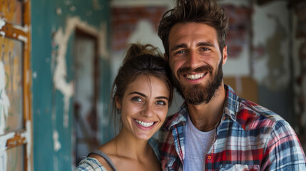 Fototapeta premium portrait of happy hugging young caucasian couple renovating their apartment, newlyweds renovating their new home together