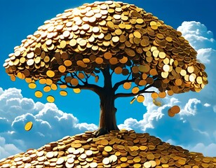 A serene landscape with a tree made of coins, symbolizing the growth of investments, set against a blue sky with fluffy clouds