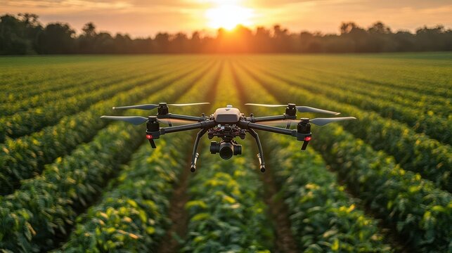 aerial view of a drone soaring over lush green fields capturing the essence of precision agriculture with crops lined up neatly beneath the vast open sky emphasizing agricultural innovation