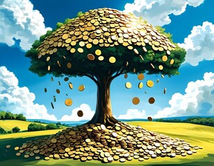 A serene landscape with a tree made of coins, symbolizing the growth of investments, set against a blue sky with fluffy clouds