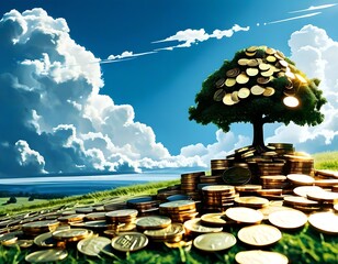 A serene landscape with a tree made of coins, symbolizing the growth of investments, set against a blue sky with fluffy clouds