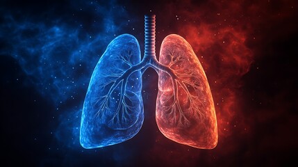  Human lungs. Cancer and respiratory diseases of the pulmonary system. The science of pulmonology in the treatment of tuberculosis, asthma and bronchitis. 3D organ with a red and blue background. 