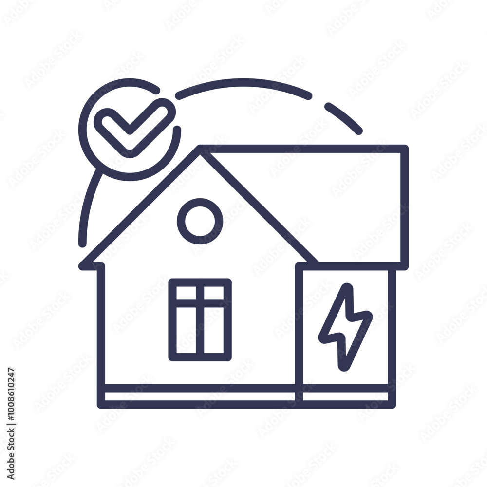 Poster outline of a house with a checkmark and lightning bolt, symbolizing energy efficiency and approval.