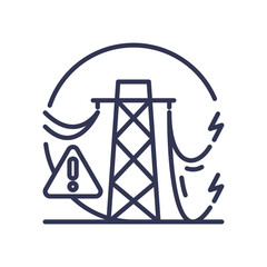 Power line tower with warning sign symbolizing infrastructure failure.