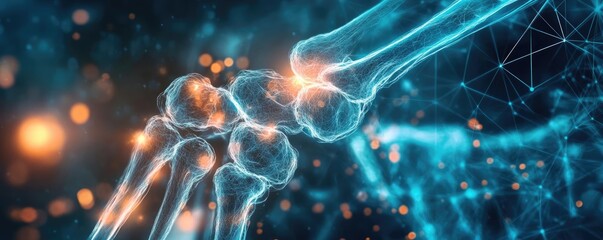 A close-up of a digital representation of a human joint, showcasing the complex structure of bones in a vibrant, futuristic design.