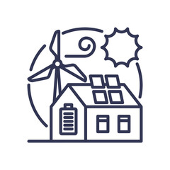 Illustration of a house with solar panels, wind turbine, and battery, symbolizing renewable energy integration.