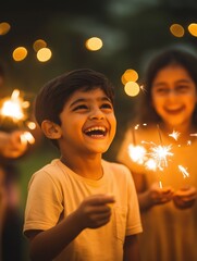 Joyful Children Playing with Sparklers During Diwali Celebration