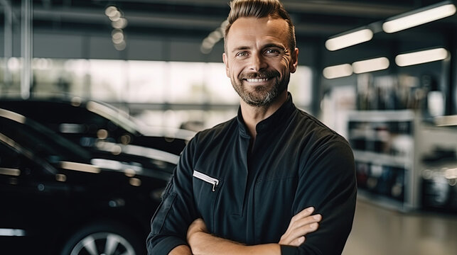 A smiling Caucasian car service employee in uniform looks at the camera against the background of service center cars. car service technical assistance