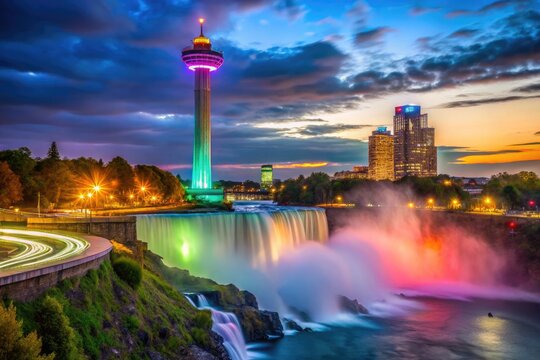 Majestic Skylon Tower Against a Clear Blue Sky in Niagara Falls, Canada - Iconic Landmark Photography