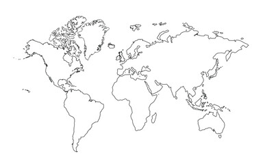 World Map in Minimal Thin Line Outline Shape. Contours Continents of the Globe Isolated on a White Background. Vector Illustration.