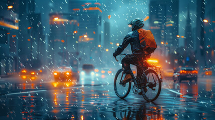 a courier from a delivery service riding a bicycle along a city street in the evening or night rainy time. grocery delivery in the city