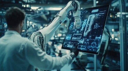 Obraz premium Engineer Interacting with Robotic Arm and Digital Interface