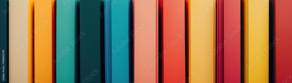 Poster a vibrant display of colorful vertical panels, showcasing a range of hues from teal to yellow and re