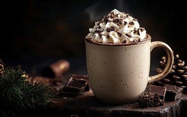 Cozy winter treat of hot chocolate topped with whipped cream and chocolate shavings in a festive...