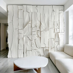 Blank mock up grunge distressed cracked stucco, plaster wall, background with copy space. Minimalist interior design of modern living room, template.