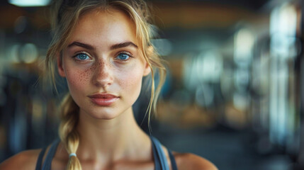 portrait of beautiful caucasian young woman 20-25 years old in gym in sportswear looking at camera, copyspace, woman doing sports in gym
