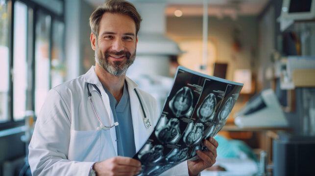A professional, middle-aged doctor with a beard and in a white coat confidently holds and demonstrates a patient's head X-ray or MRI scan. His smile and competent appearance perfectly convey the conce