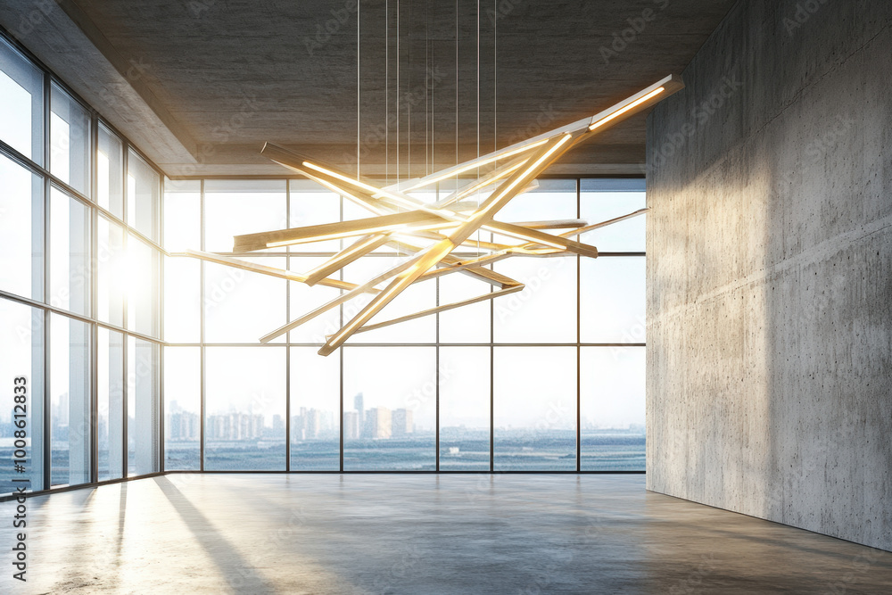 Poster bright, modern chandelier illuminating an empty office space with large windows and a view of the ci