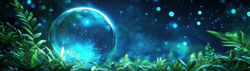 Fototapeta premium A mystical blue orb surrounded by lush greenery and ethereal light, creating a serene and enchanting atmosphere in a dreamy forest setting.