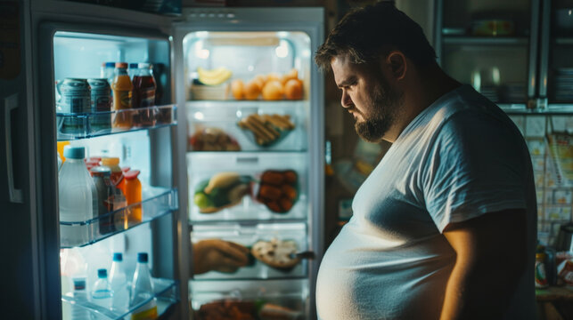 A fat Caucasian man in a T-shirt stands near an open refrigerator in the dark with a desire to have a snack. problem of obesity and malnutrition