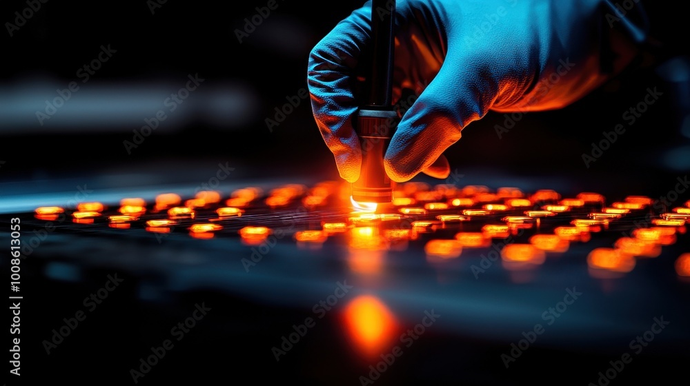 Poster a gloved hand interacts with illuminated buttons on a device, highlighting technology, precision, an