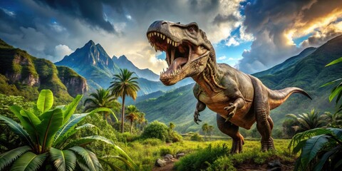 Majestic T-Rex Roaring in a Lush Prehistoric Landscape, Capturing the Power of Dinosaurs
