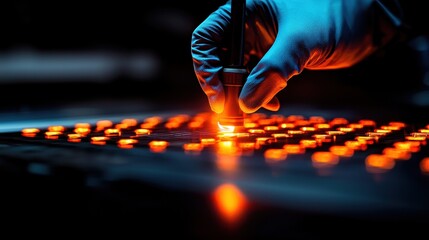 A gloved hand interacts with illuminated buttons on a device, highlighting technology, precision, and a focus on detail in a dark environment.
